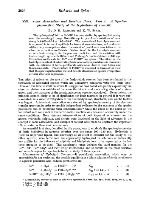 723. Ionic association and reaction rates. Part I. A spectrophotometric study of the hydrolysis of iron(III)