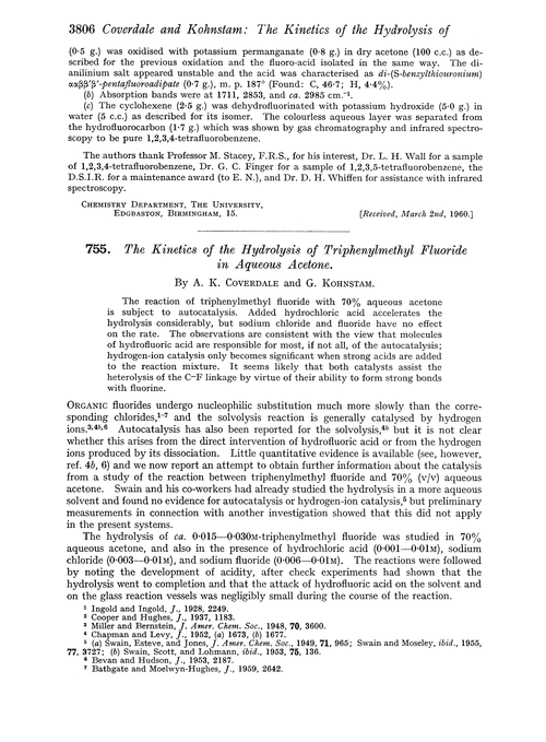 755. The kinetics of the hydrolysis of triphenylmethyl fluoride in aqueous acetone
