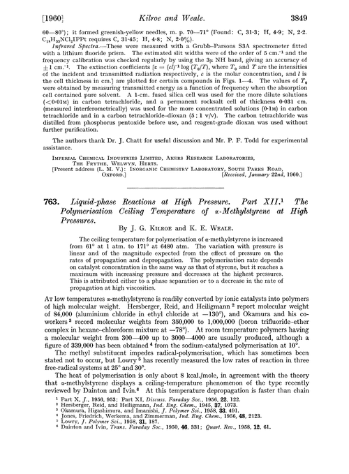 763. Liquid-phase reactions at high pressure. Part XII. The polymerisation ceiling temperature of α-methylstyrene at high pressures