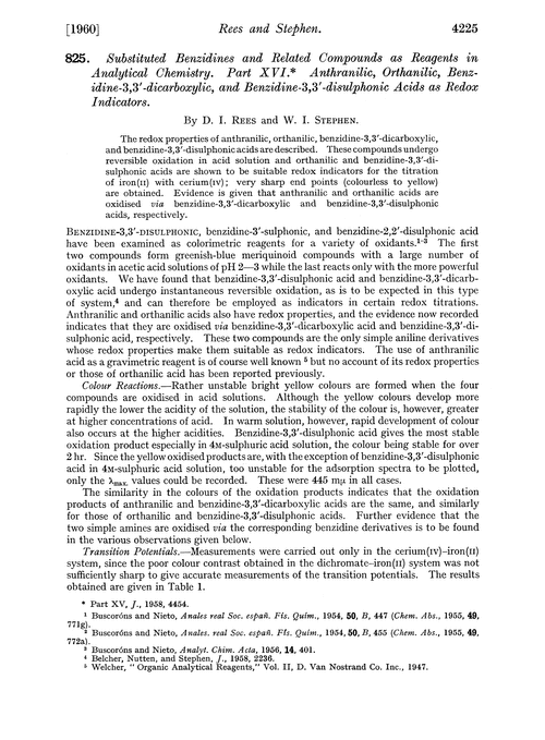 825. Substituted benzidines and related compounds as reagents in Analytical Chemistry. Part XVI. Anthranilic, orthanilic, benzidine-3,3′-dicarboxylic, and benzidine-3,3′-disulphonic acids as redox indicators