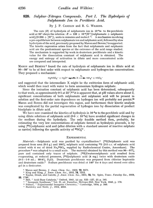 828. Sulphur–nitrogen compounds. Part I. The hydrolysis of sulphamate ion in perchloric acid