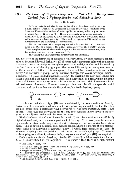 830. The colour of organic compounds. Part IX. Merocyanines derived from 2-hydroxythiazoles and thiazole-2-thiols