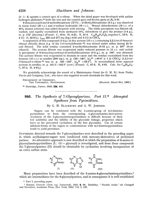 846. The synthesis of 7-glycosylpurines. Part II. Attempted syntheses from pyrimidines