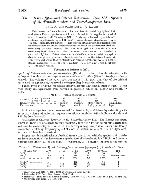 865. Raman effect and solvent extraction. Part II. Spectra of the tetrachloroindate and tetrachloroferrate ions