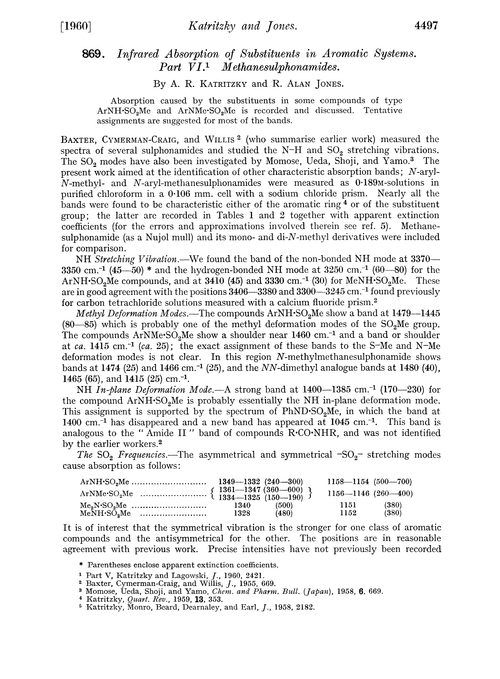 869. Infrared absorption of substituents in aromatic systems. Part VI. Methanesulphonamides