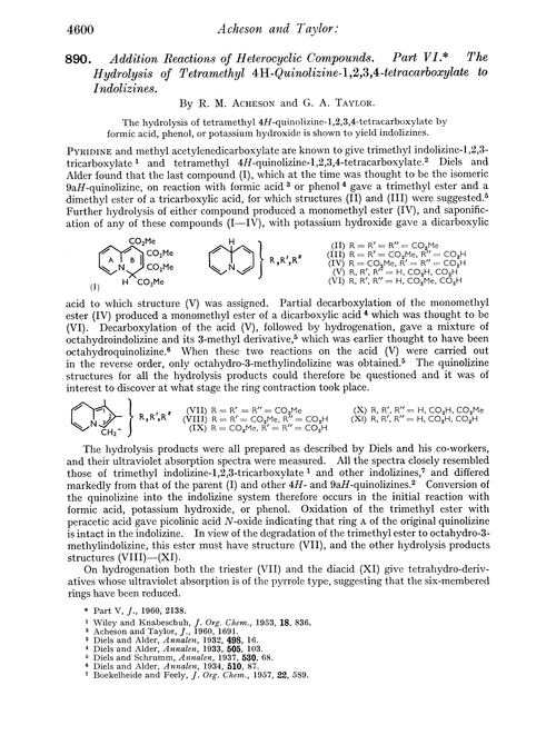 890. Addition reactions of heterocyclic compounds. Part VI. The hydrolysis of tetramethyl 4H-quinolizine-1,2,3,4-tetracarboxylate to indolizines