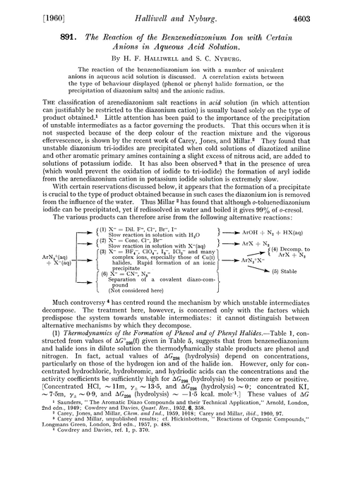 891. The reaction of the benzenediazonium ion with certain anions in aqueous acid solution