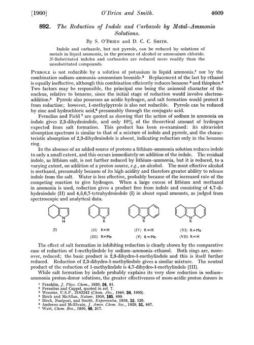 892. The reduction of indole and carbazole by metal–ammonia solutions