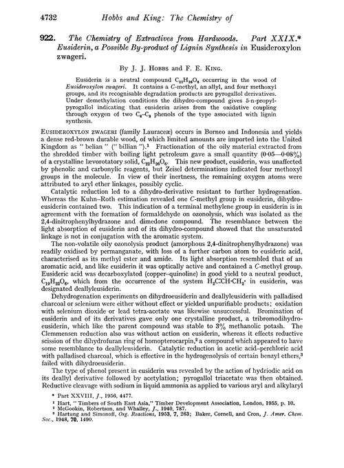 922. The chemistry of extractives from hardwoods. Part XXIX. Eusiderin, a possible by-product of lignin synthesis in Eusideroxylon zwageri