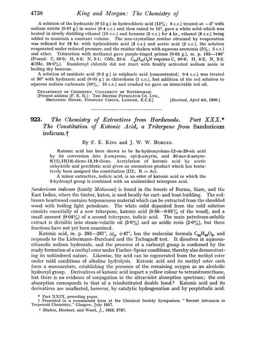 923. The chemistry of extractives from hardwoods. Part XXX. The constitution of katonic acid, a triterpene from sandoricum indicum