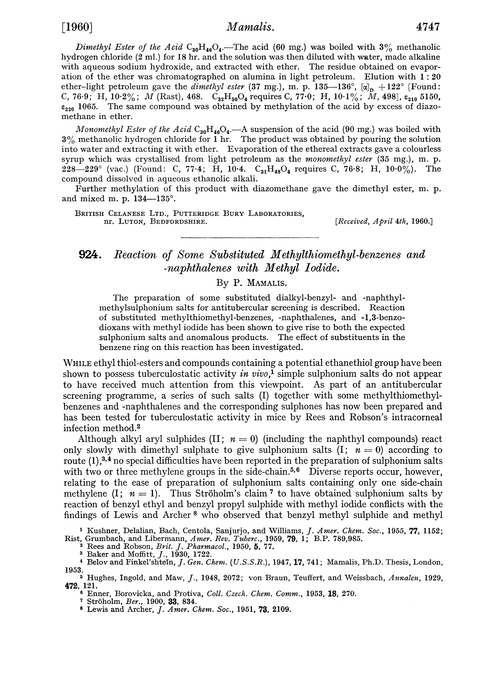 924. Reaction of some substituted methylthiomethyl-benzenes and -naphthalenes with methyl iodide