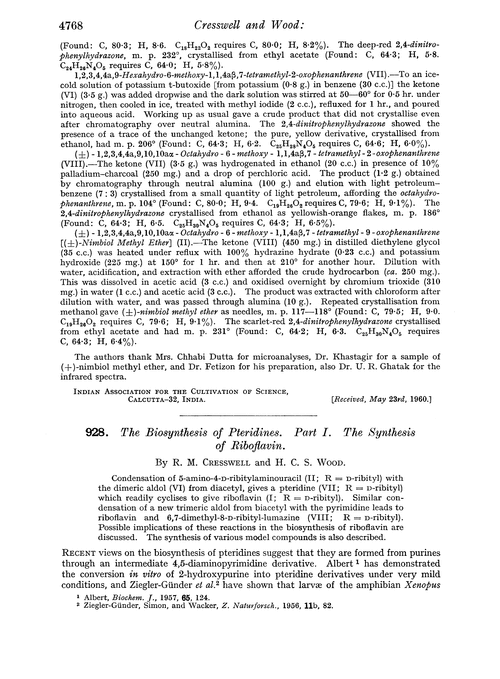 928. The biosynthesis of pteridines. Part I. The synthesis of riboflavin