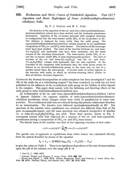 935. Mechanism and steric course of octahedral aquation. Part III. Aquation and basic hydrolysis of some azidobis(ethylenediamine)-cobalt(III) salts