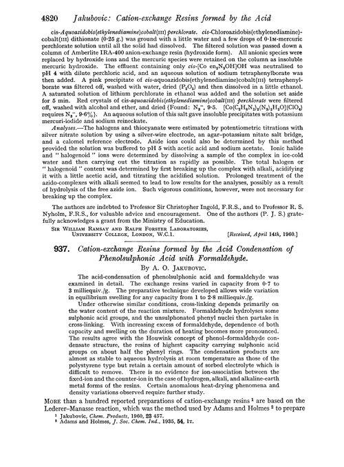 937. Cation-exchange resins formed by the acid condensation of phenolsulphonic acid with formaldehyde