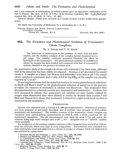942. The formation and photochemical oxidation of uranium(IV) citrate complexes