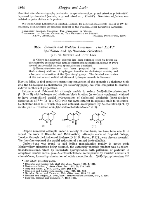 945. Steroids and walden inversion. Part XLV. 6β-Chloro- and 6β-bromo-5α-cholestane