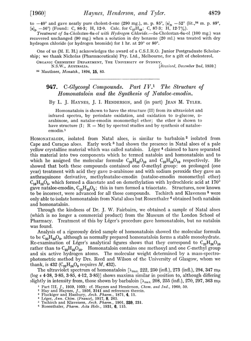 947. C-glycosyl compounds. Part IV. The structure of homonataloin and the synthesis of nataloe-emodin