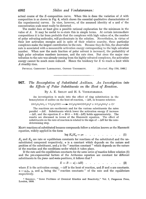 967. The benzoylation of substituted anilines. An investigation into the effects of polar substituents on the heat of reaction