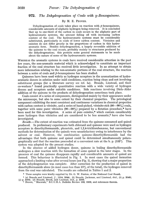 972. The dehydrogenation of coals with p-benzoquinone