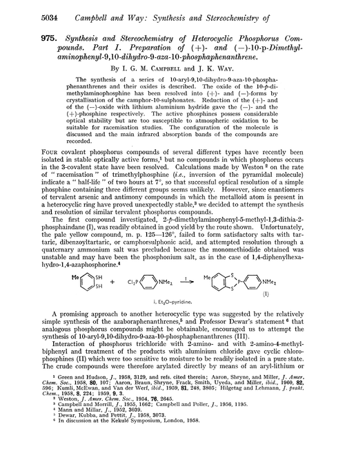 975. Synthesis and stereochemistry of heterocyclic phosphorus compounds. Part I. Preparation of (+)- and (–)-10-p-dimethylaminophenyl-9,10-dihydro-9-aza-10-phosphaphenanthrene