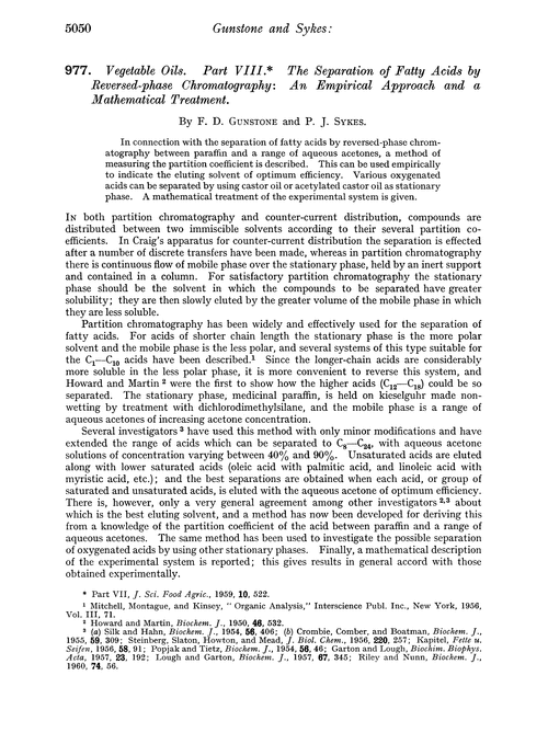 977. Vegetable oils. Part VIII. The separation of fatty acids by reversed-phase chromatography: an empirical approach and a mathematical treatment