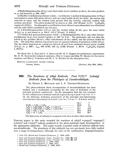 980. The reactions of alkyl radicals. Part VIII. Isobutyl radicals from the photolysis of isovaleraldehyde