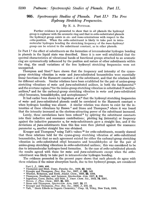 985. Spectroscopic studies of phenols. Part II. The free hydroxy stretching frequencies