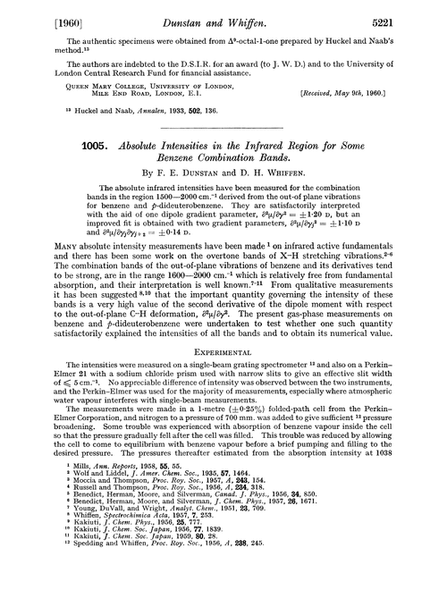 1005. Absolute intensities in the infrared region for some benzene combination bands
