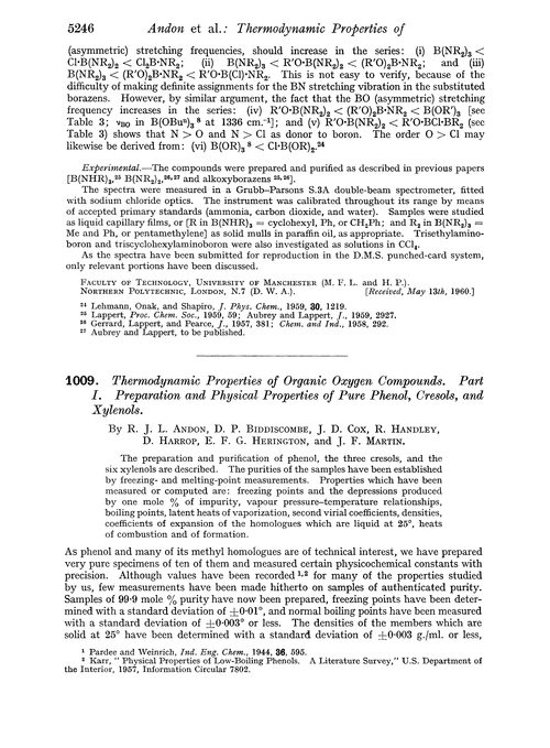 1009. Thermodynamic properties of organic oxygen compounds. Part I. Preparation and physical properties of pure phenol, cresols, and xylenols