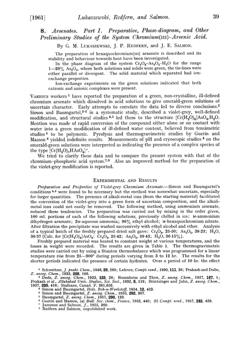8. Arsenates. Part I. Preparative, phase-diagram, and other preliminary studies of the system chromium(III)–arsenic acid