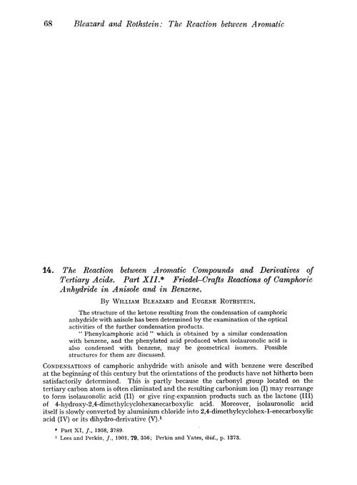 14. The reaction between aromatic compounds and derivatives of tertiary acids. Part XII. Friedel–Crafts reactions of camphoric anhydride in anisole and in benzene