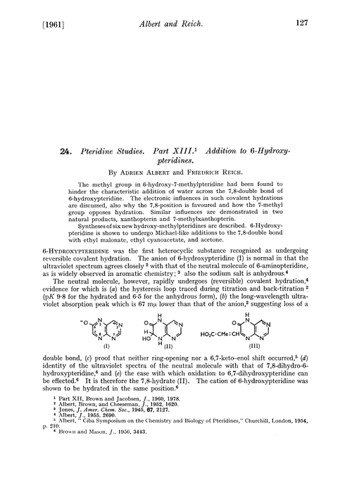 24. Pteridine studies. Part XIII. Addition to 6-hydroxy-pteridines