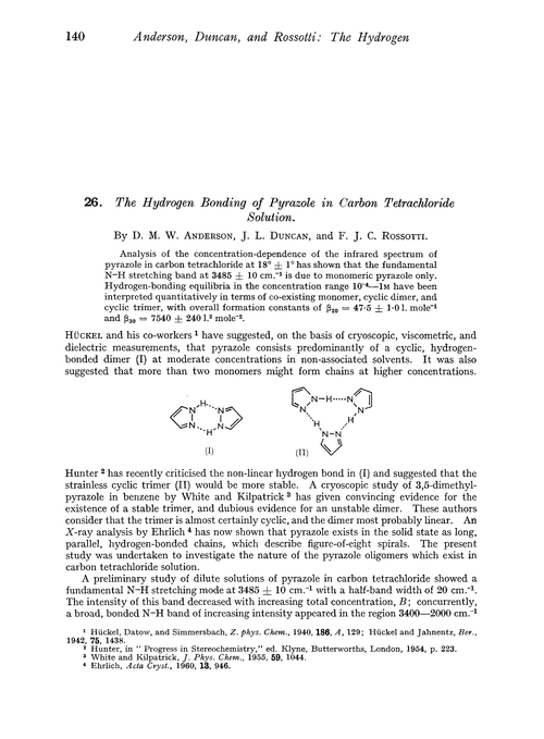 26. The hydrogen bonding of pyrazole in carbon tetrachloride solution