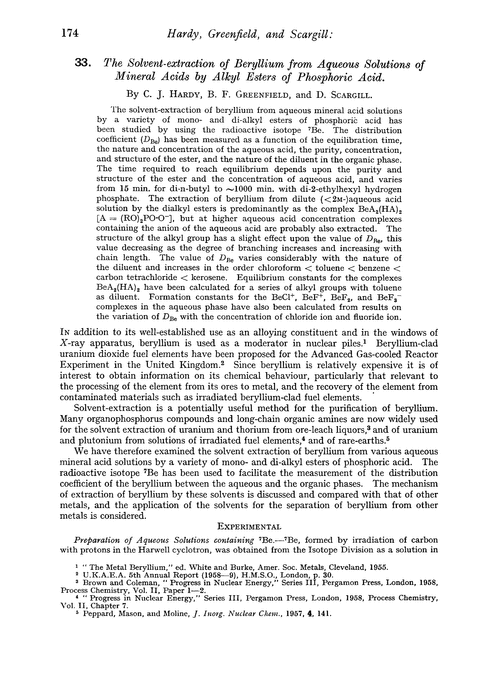 33. The solvent-extraction of beryllium from aqueous solutions of mineral acids by alkyl esters of phosphoric acid