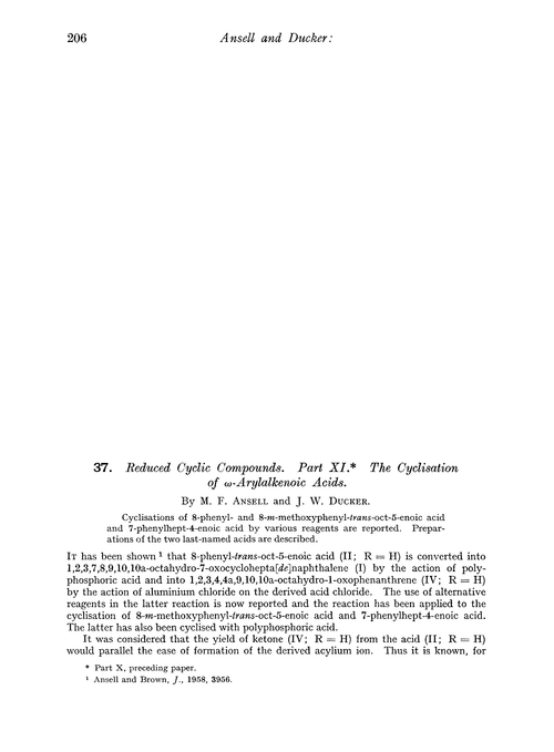 37. Reduced cyclic compounds. Part XI. The cyclisation of ω-arylalkenoic acids