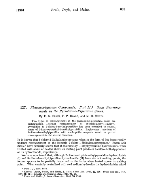 127. Pharmacodynamic compounds. Part II. Some rearrangements in the pyrrolidine–piperidine series