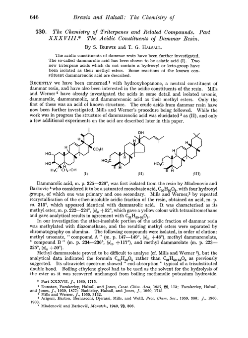 130. The chemistry of triterpenes and related compounds. Part XXXVIII. The acidic constituents of dammar resin