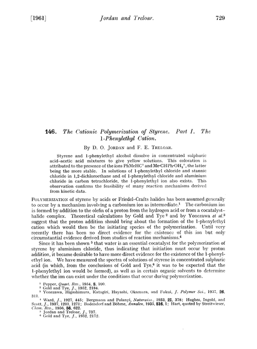 146. The cationic polymerization of styrene. Part I. The 1-phenylethyl cation
