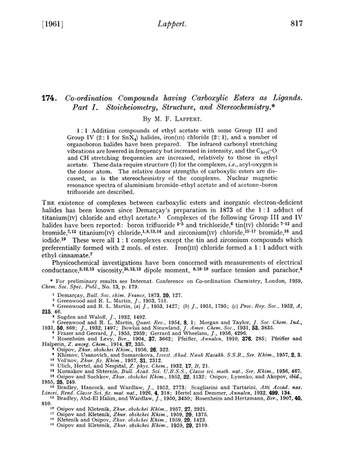 174. Co-ordination compounds having carboxylic esters as ligands. Part I. Stoicheiometry, structure, and stereochemistry