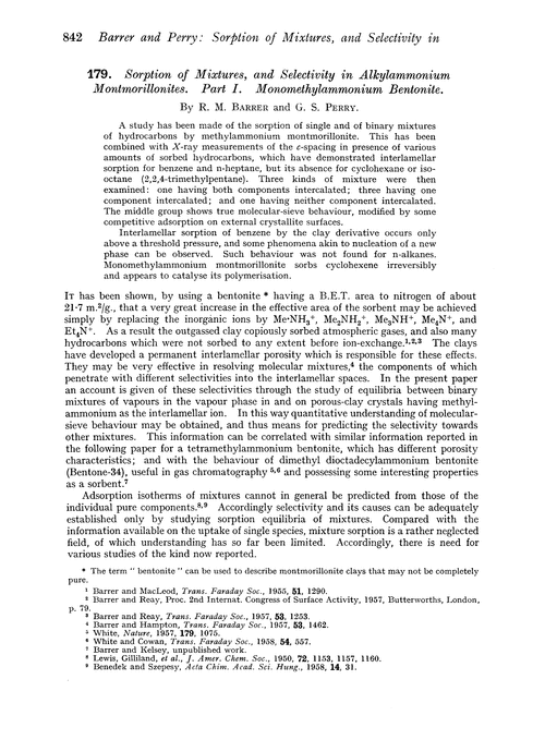 179. Sorption of mixtures, and selectivity in alkylammonium montmorillonites. Part I. Monomethylammonium bentonite