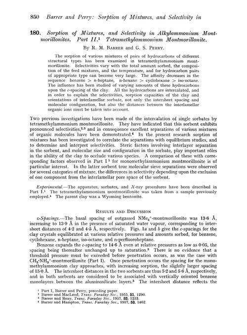 180. Sorption of mixtures, and selectivity in alkylammonium montmorillonites. Part II. Tetramethylammonium montmorillonite