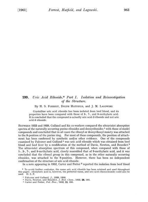 199. Uric acid riboside. Part I. Isolation and reinvestigation of the structure