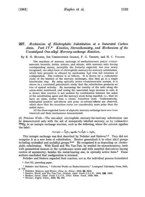 227. Mechanism of electrophilic substitution at a saturated carbon atom. Part IV. Kinetics, stereochemistry, and mechanism of the uncatalysed one-alkyl mercury-exchange reaction