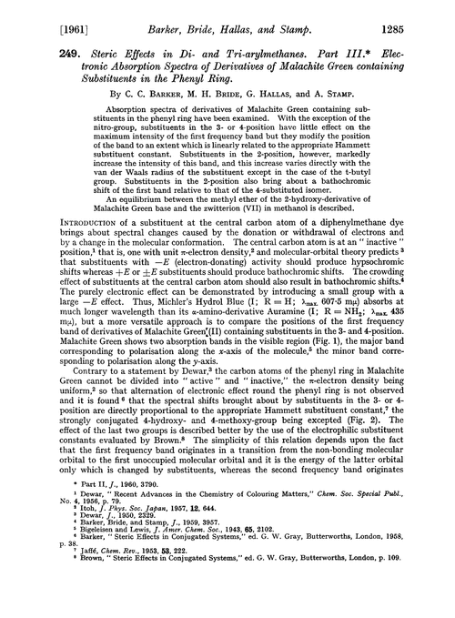 249. Steric effects in di- and tri-arylmethanes. Part III. Electronic absorption spectra of derivatives of Malachite Green containing substituents in the phenyl ring