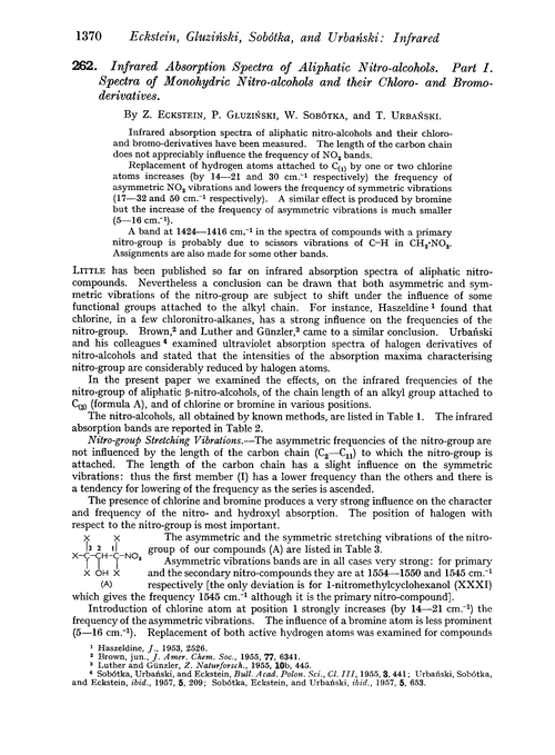 262. Infrared absorption spectra of aliphatic nitro-alcohols. Part I. Spectra of monohydric nitro-alcohols and their chloro- and bromo-derivatives