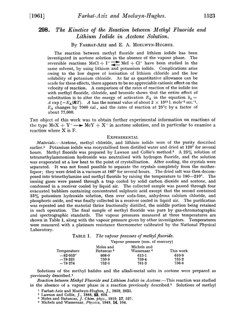 298. The kinetics of the reaction between methyl fluoride and lithium iodide in acetone solution