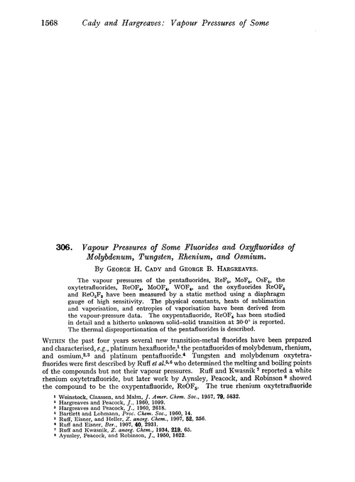 306. Vapour pressures of some fluorides and oxyfluorides of molybdenum, tungsten, rhenium, and osmium