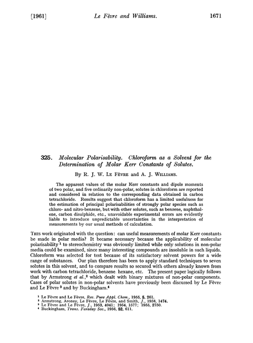 325. Molecular polarisability. Chloroform as a solvent for the determination of molar Kerr constants of solutes