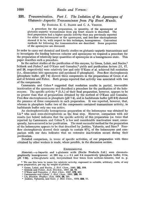 331. Transamination. Part I. The isolation of the apoenzyme of glutamic–aspartic transaminase from pig heart muscle