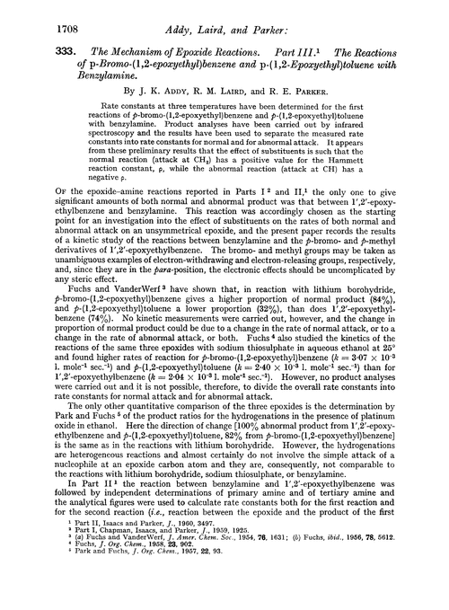 333. The mechanism of epoxide reactions. Part III. The reactions of p-bromo-(1,2-epoxyethyl)benzene and p-(1,2-epoxyethyl)toluene with benzylamine